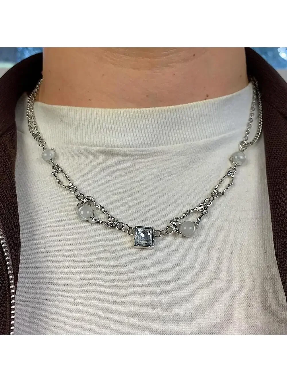 Cyber y2k 2000s style Glass style Opal futuristic necklace. 18.5-20.5 inches len